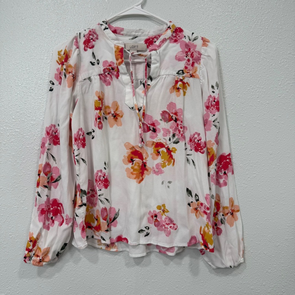 LOFT Womens Small Pink Orange Floral Long Sleeve Tie Neck Rayon Blouse Top